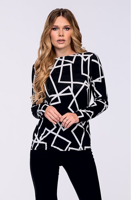 Volnější černobílá dámská halenka s dlouhými rukávy 7791